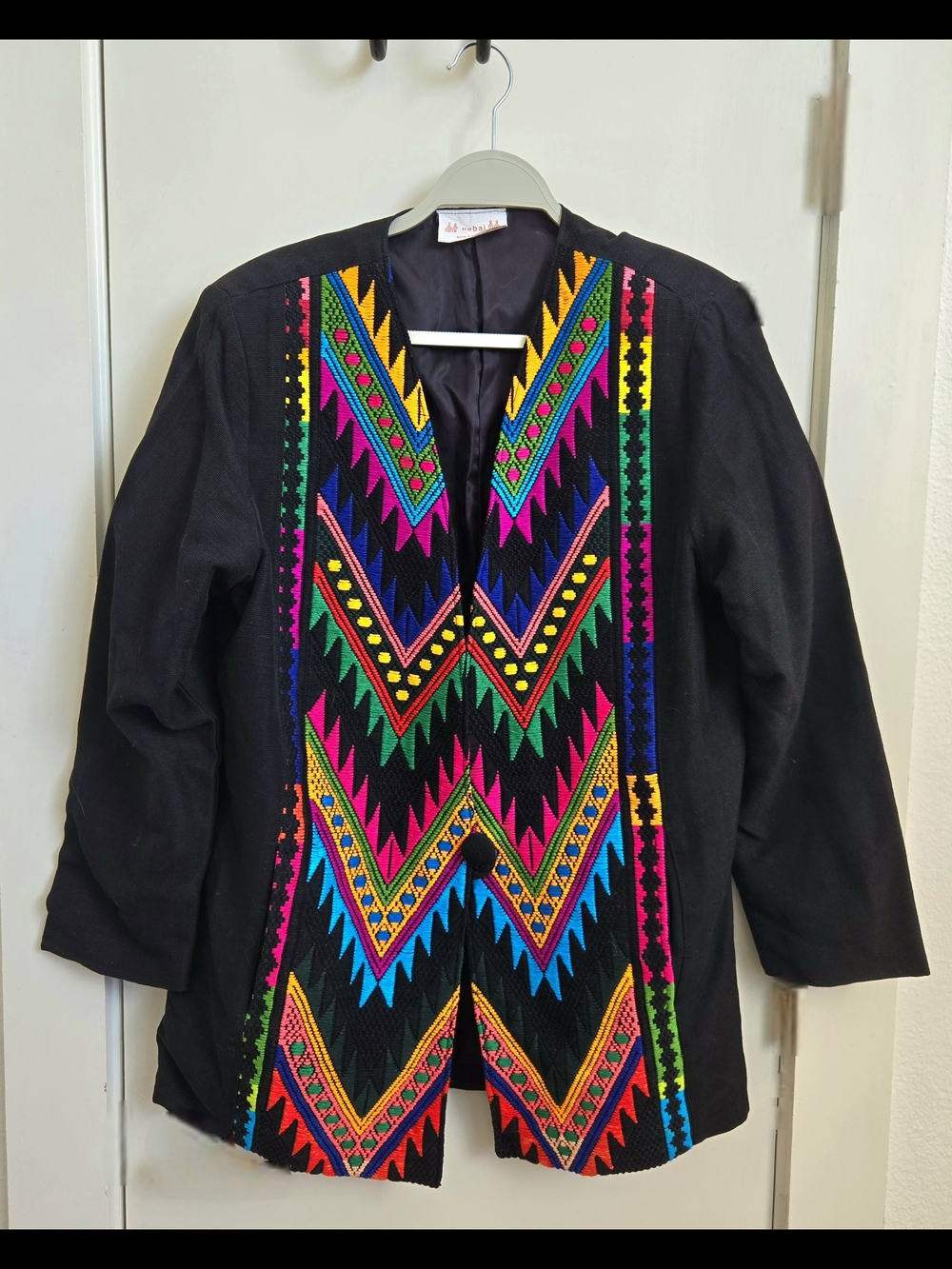 Hand Embroidered Guatemalan Black One-Button Jacket Multicolor Geometric Pattern